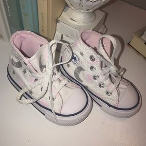 Baby Girls High Top Converse White with Hearts & Stars Size 5